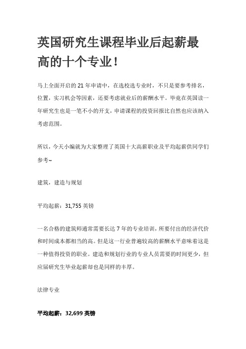 英国研究生课程毕业后起薪最高的十个专业