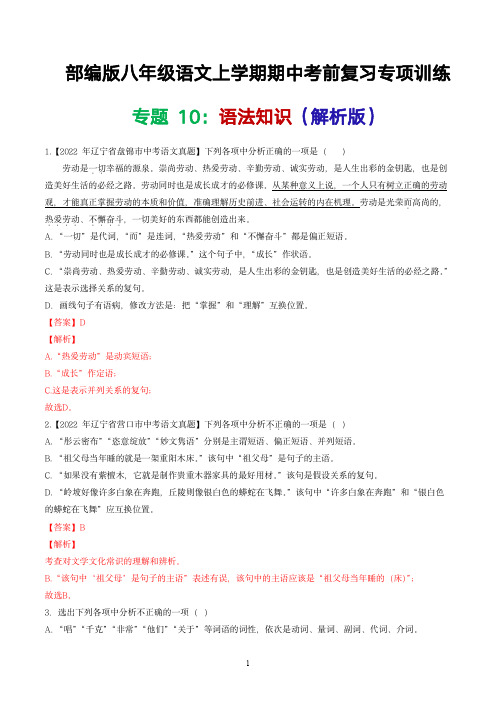 部编版八年级语文上学期期中考前复习专项训练专题10：语法知识(解析版)