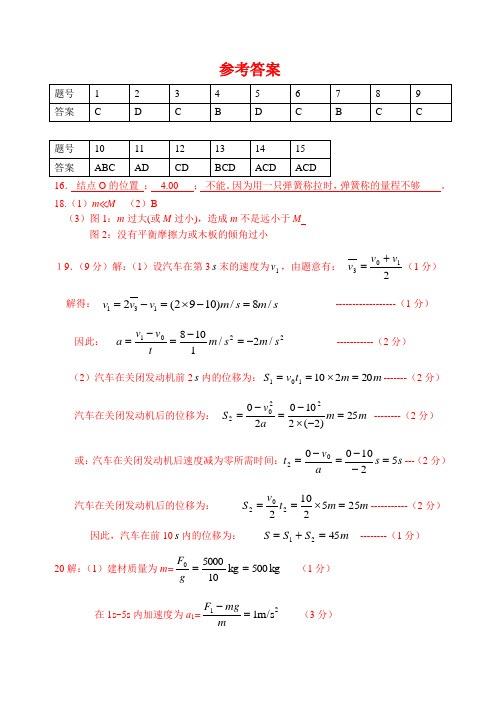 江苏泗阳致远中学2014届高三第一次测试物理试卷 参考答案 含答案