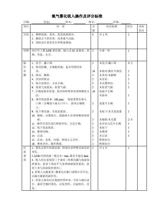 氧气雾化吸入操作及评分标