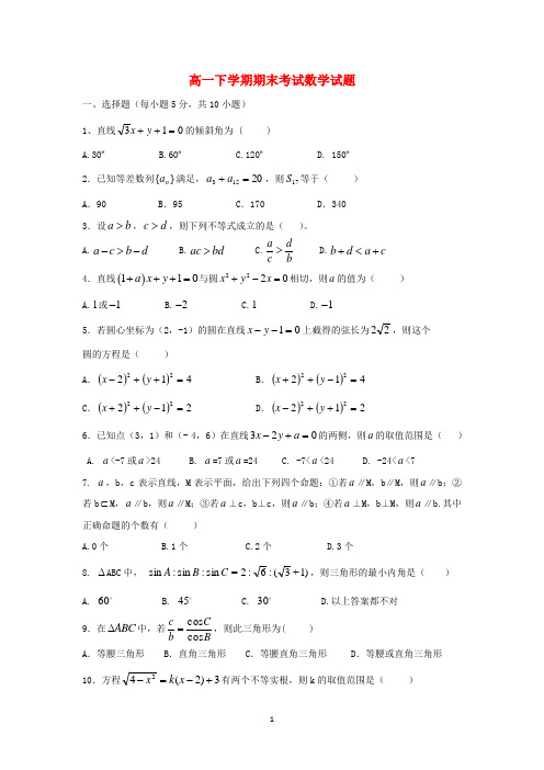 福建省晋江市季延中学高一数学下学期期末考试试题新人教A版