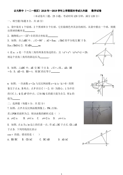 云南省云南大学附属中学一二一校区2018—2019学年九年级上学期期末考试数学试卷