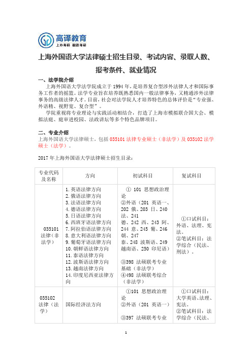 上外法律硕士专业招生目录、考试内容、录取人数、报考条件、就业前景