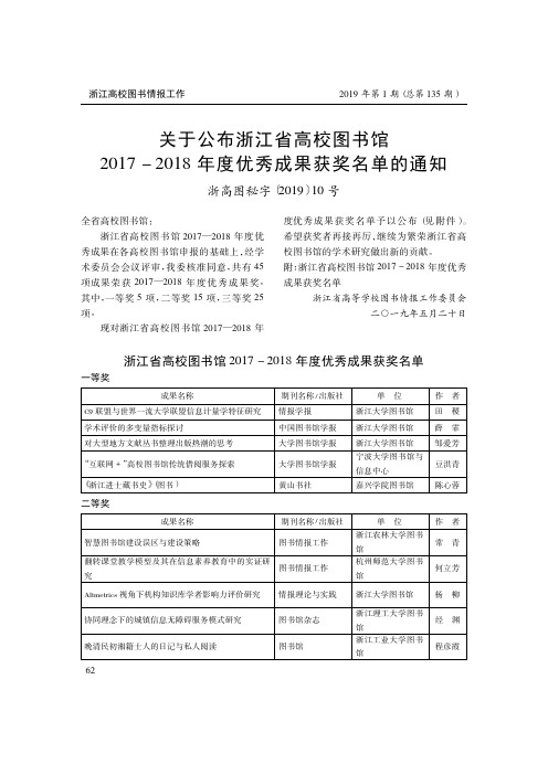 关于公布浙江省高校图书馆2017-2018年度优秀成果获奖名单的通知