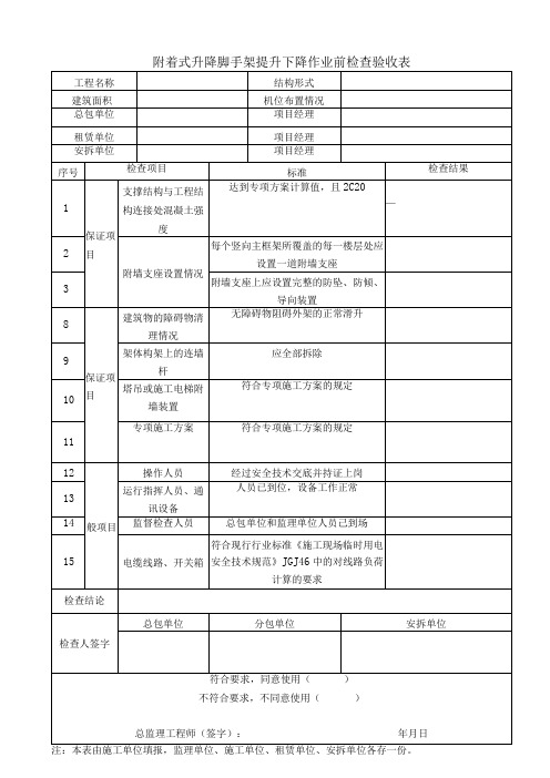 附着式升降脚手架提升下降作业前检查验收表