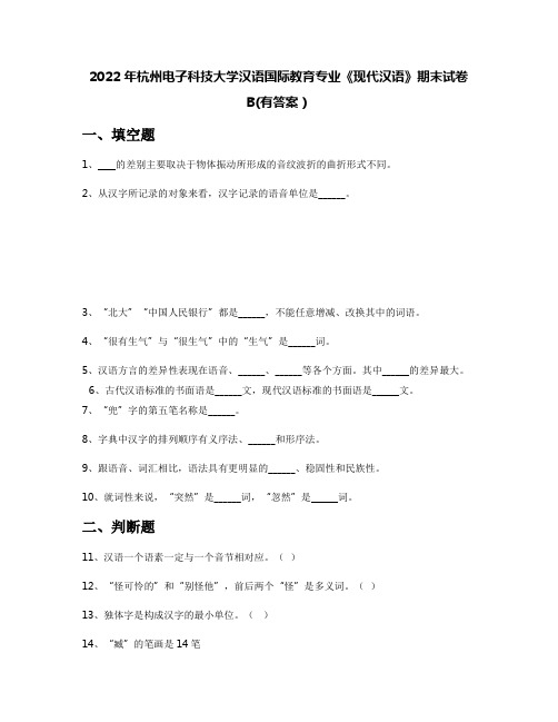 2022年杭州电子科技大学汉语国际教育专业《现代汉语》期末试卷B(有答案)