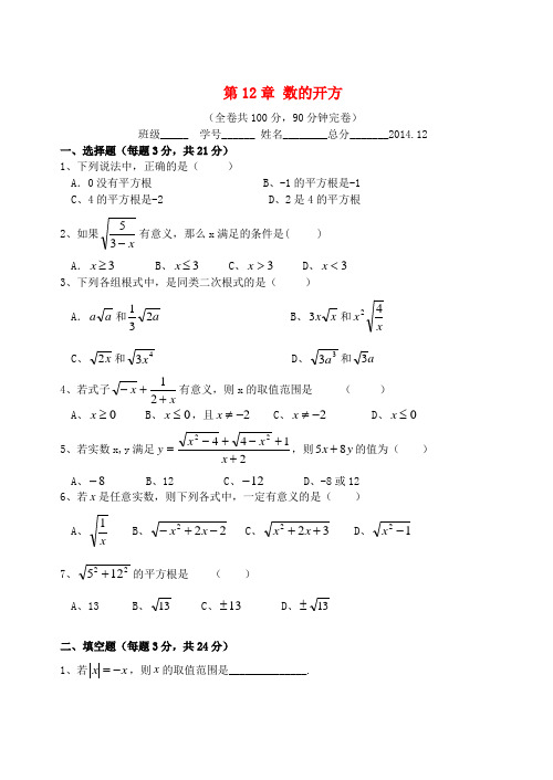 重庆市万州区甘宁初级中学八年级数学上册 第12章 数的开方单元学习评价试题(b卷,无答案) 华东师大版