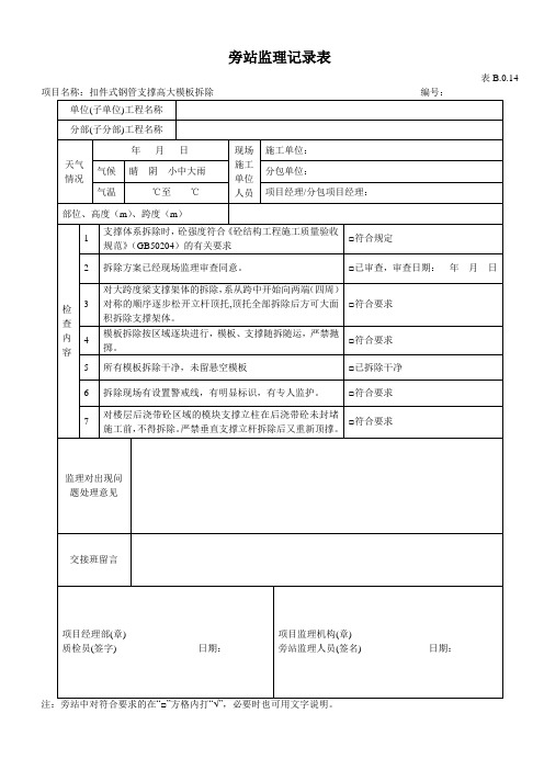 扣件式钢管支撑高大模板拆除旁站监理记录表