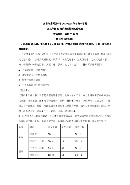 湖北省宜昌市葛洲坝中学2018届高三12月月考文综历史试题Word版含解析