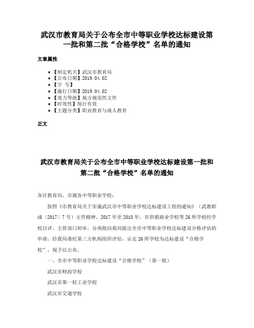 武汉市教育局关于公布全市中等职业学校达标建设第一批和第二批“合格学校”名单的通知