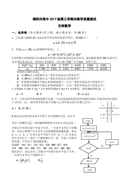 四川省绵阳市高中2020届(2017级)第三学期末教学质量测试(文科)数学高二试题及答案