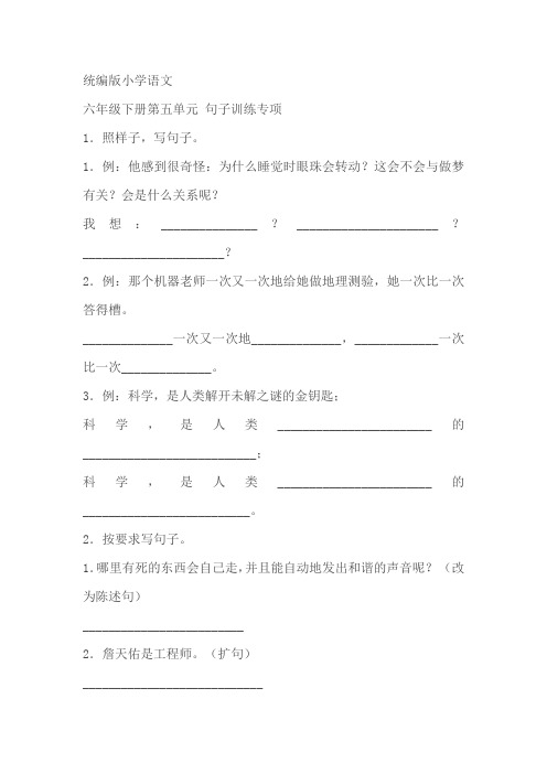 部编版小学语文六年级下册第五单元句子训练专项练习(含答案)