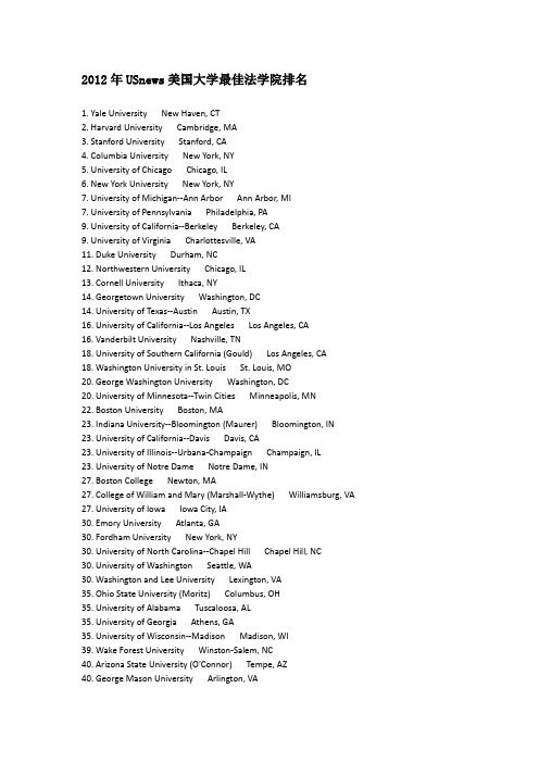 2012年USnews美国大学最佳法学院排名(Law School)