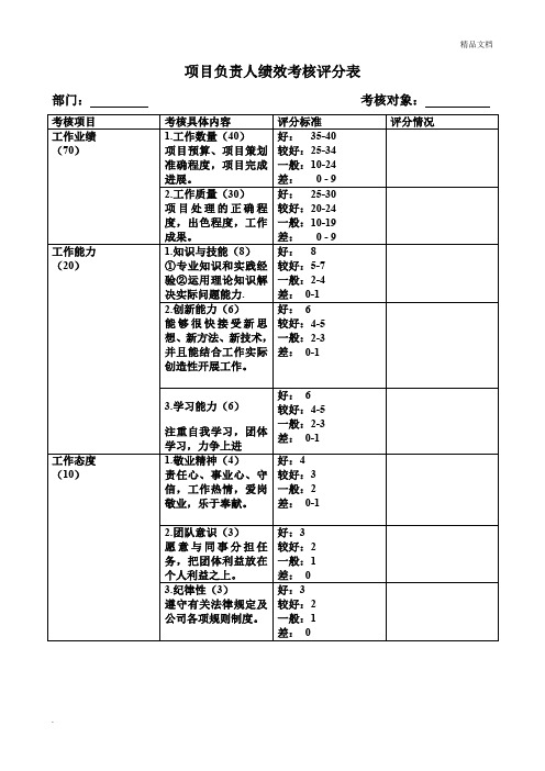 项目负责人绩效考核评分表