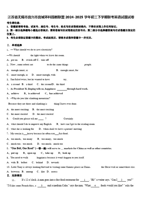 江苏省无锡市宜兴市宜城环科园教联盟2024-2025学年初三下学期联考英语试题试卷含答案