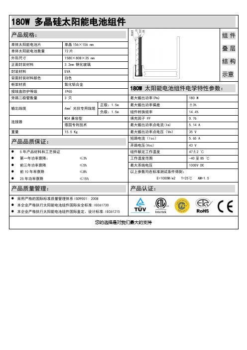 180W 单晶硅太阳能电池组件说明