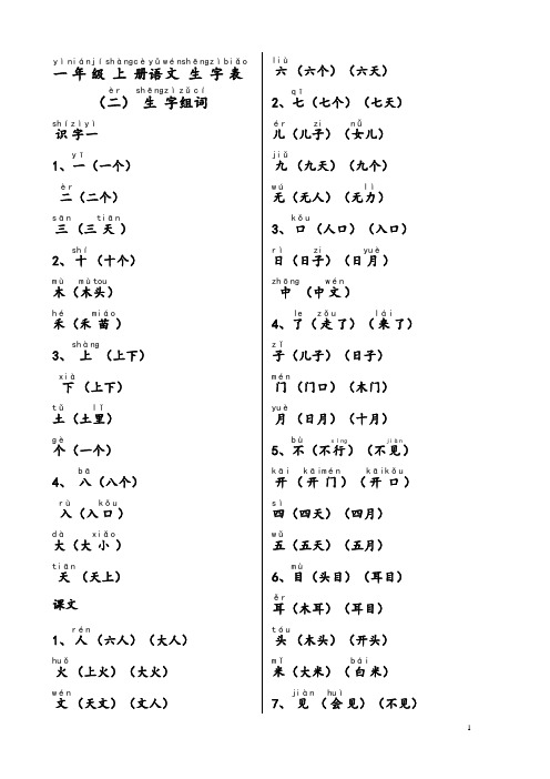 人教版一年级上册语文生字表二组词