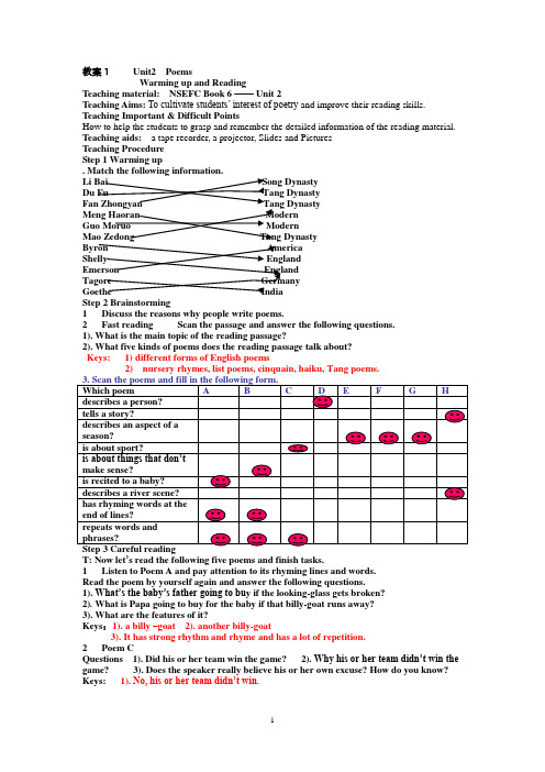 人教版高二英语选修6Unit2Poems全单元教案
