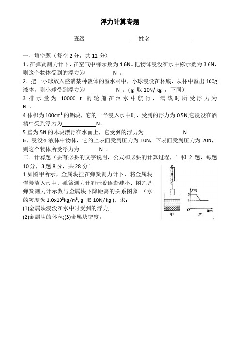 人教版物理八年级下册浮力计算题