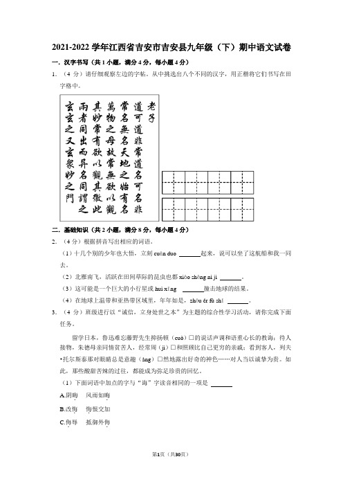 江西省吉安市吉安县2021-2022学年九年级下学期期中语文试题