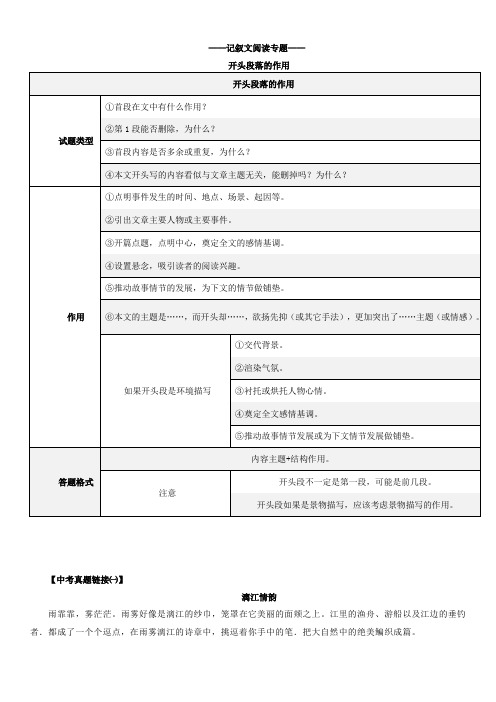 中考语文一轮专题复习：记叙文阅读专题——开头段落的作用