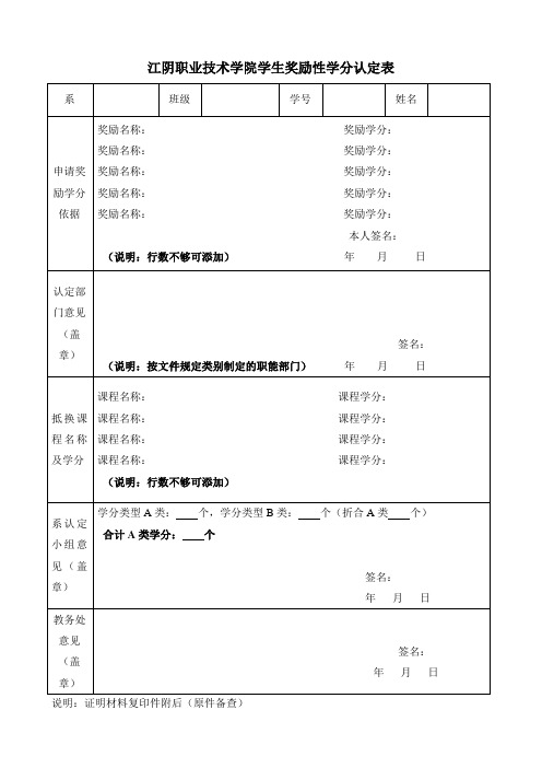 江阴职业技术学院学生奖励性学分认定表