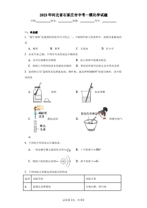 2023年河北省石家庄市中考一模化学试题