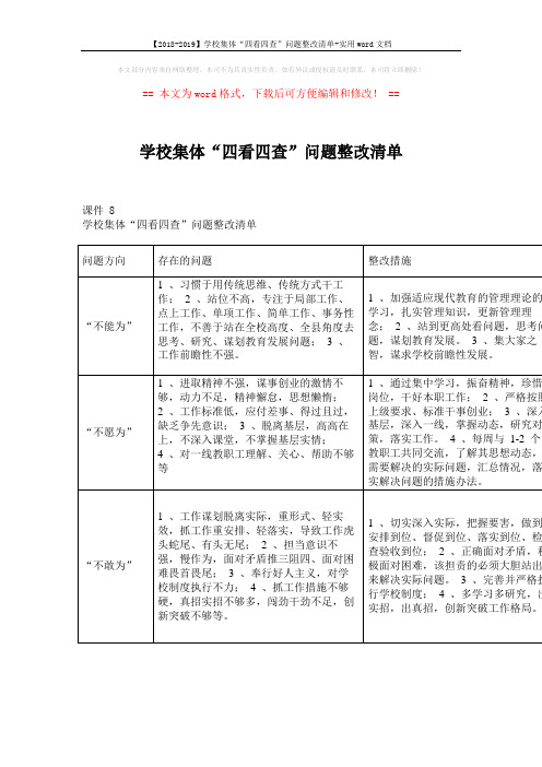 【2018-2019】学校集体“四看四查”问题整改清单-实用word文档 (2页)