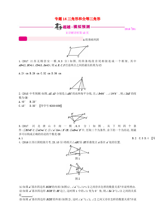 (通用版)2018年中考数学总复习 专题突破预测与详解 第四单元 三角形 专题14 三角形和全等三角形试题 (新