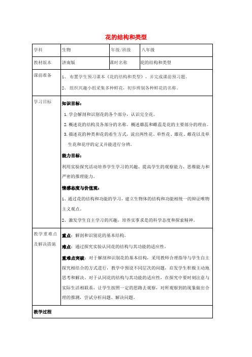 八年级生物上册 第四单元 第一章 第一节花的结构和类型教案 (新版)济南版