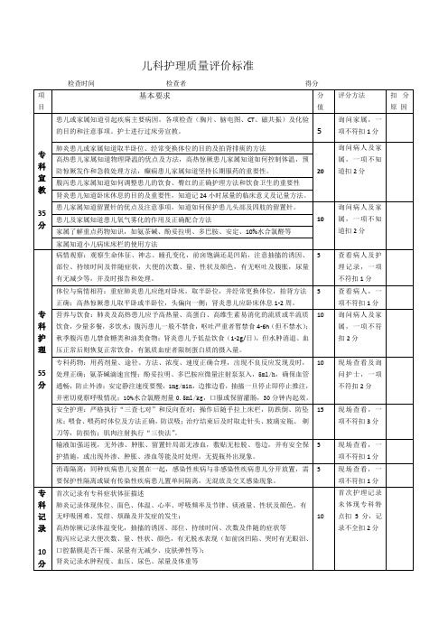 儿科专科护理质量检查标准