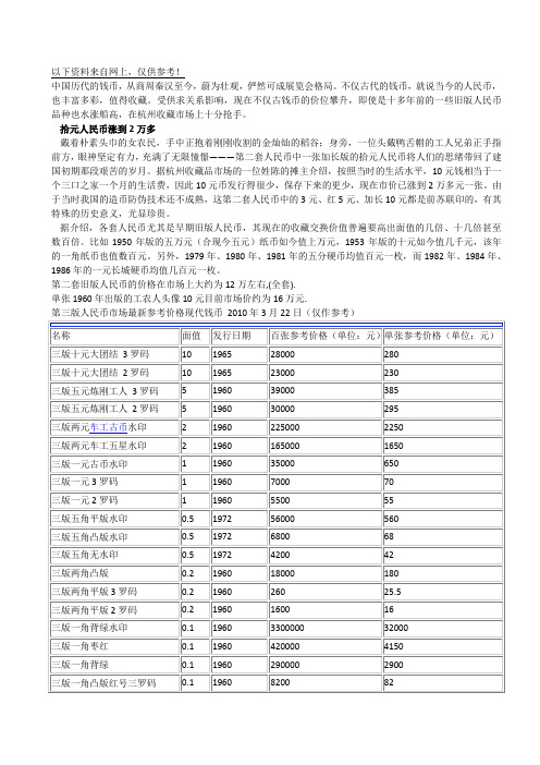 旧版人民币 硬币 价格及图片