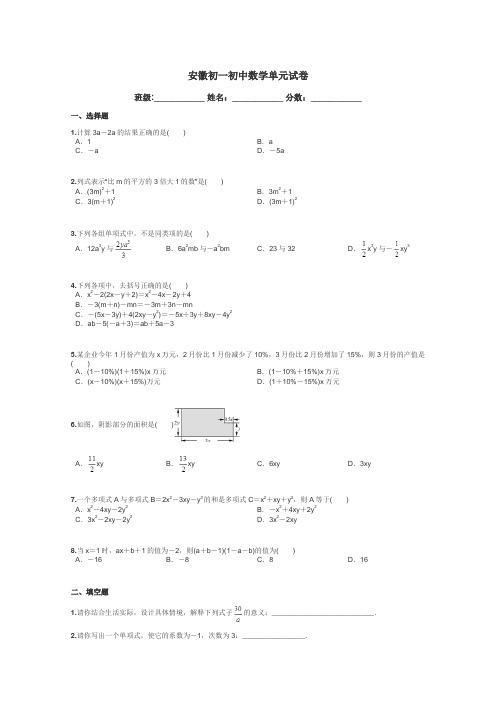 安徽初一初中数学单元试卷带答案解析
