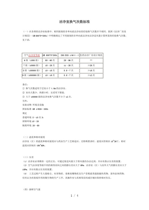 洁净室换气次数标准