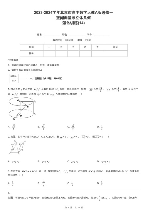 2023-2024学年北京市高中数学人教A版选修一空间向量与立体几何强化训练-14-含解析