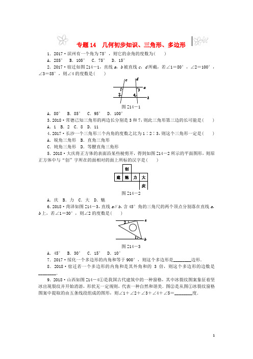 2019年中考数学专题复习小训练专题14几何初步知识、三角形、多边形