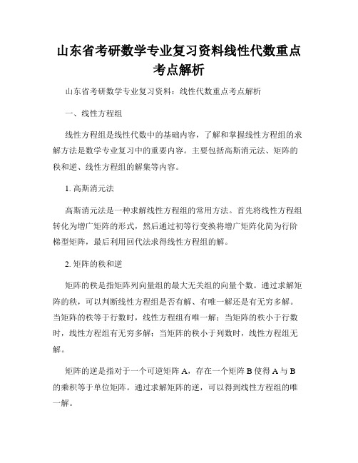 山东省考研数学专业复习资料线性代数重点考点解析