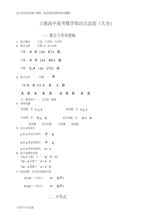 上海高中高考数学知识点总结(大全)演示教学