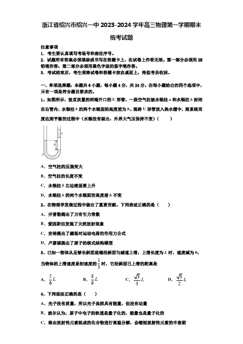 浙江省绍兴市绍兴一中2023-2024学年高三物理第一学期期末统考试题含解析