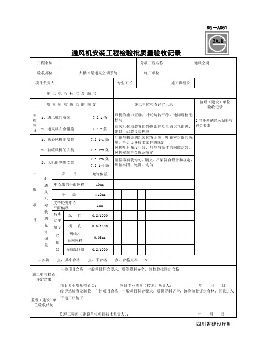 SG-A051通风机安装工程检验批质量验收记录