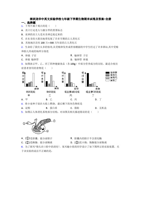 深圳龙华中英文实验学校七年级下学期生物期末试卷及答案-全册