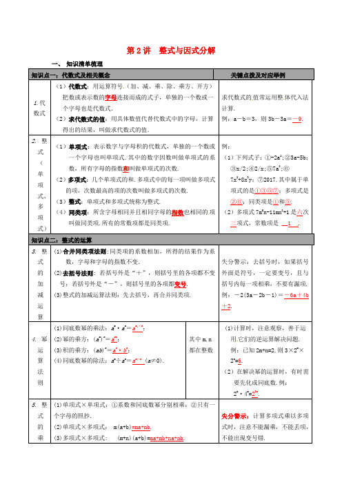 部编版2020年中考数学总复习 第2讲 整式与因式分解 新版 新人教版