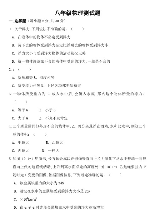 人教版八年级物理下册《浮力》单元综合测试题