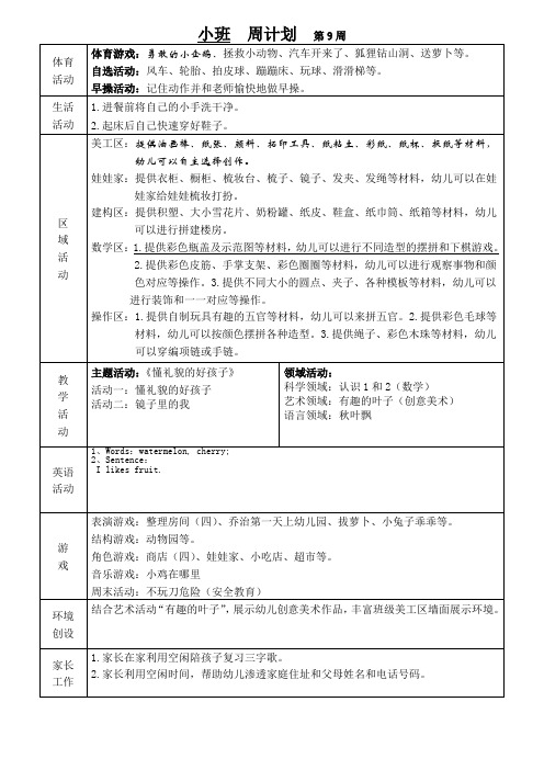 幼儿园 班级周计划第9周