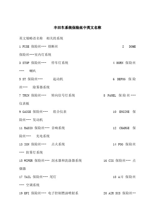 丰田车系统保险丝继电器中英文名称对照精心含考核