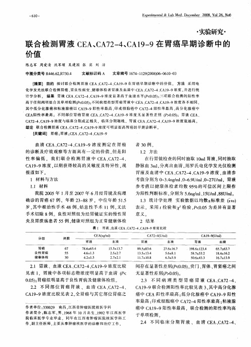 联合检测胃液CEA、CA72—4、CA19—9在胃癌早期诊断中的价值