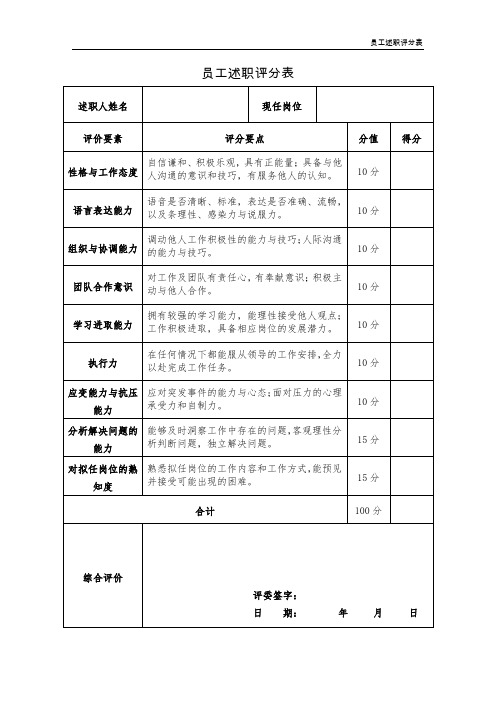 (完整word版)公司员工述职评分表(人力资源)