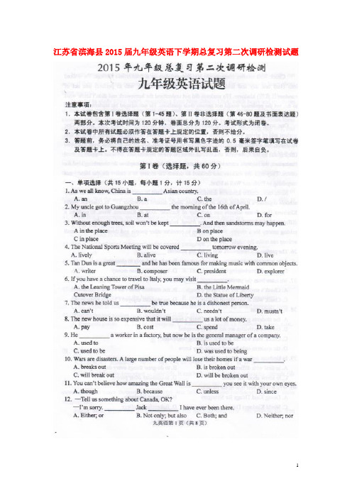 江苏省滨海县九年级英语下学期总复习第二次调研检测试题(扫描版)