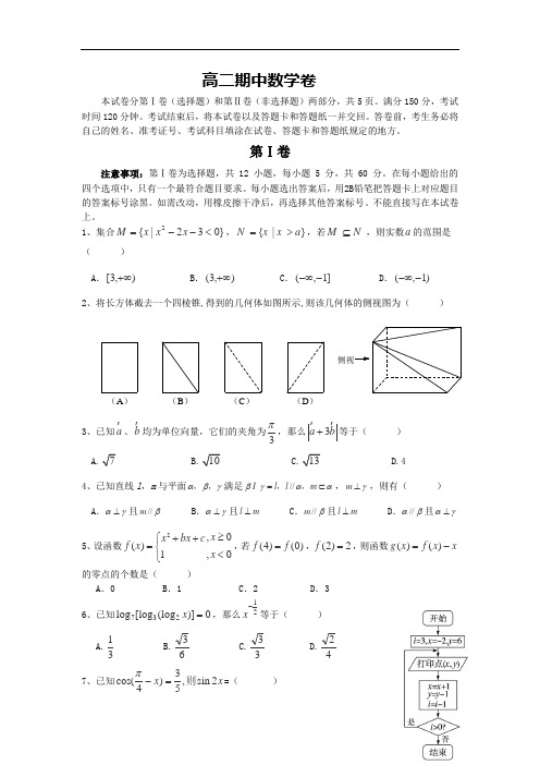 2015-2016学年高二上学期期中考试数学试卷