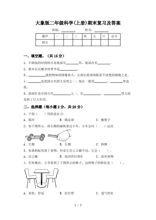 大象版二年级科学(上册)期末复习及答案